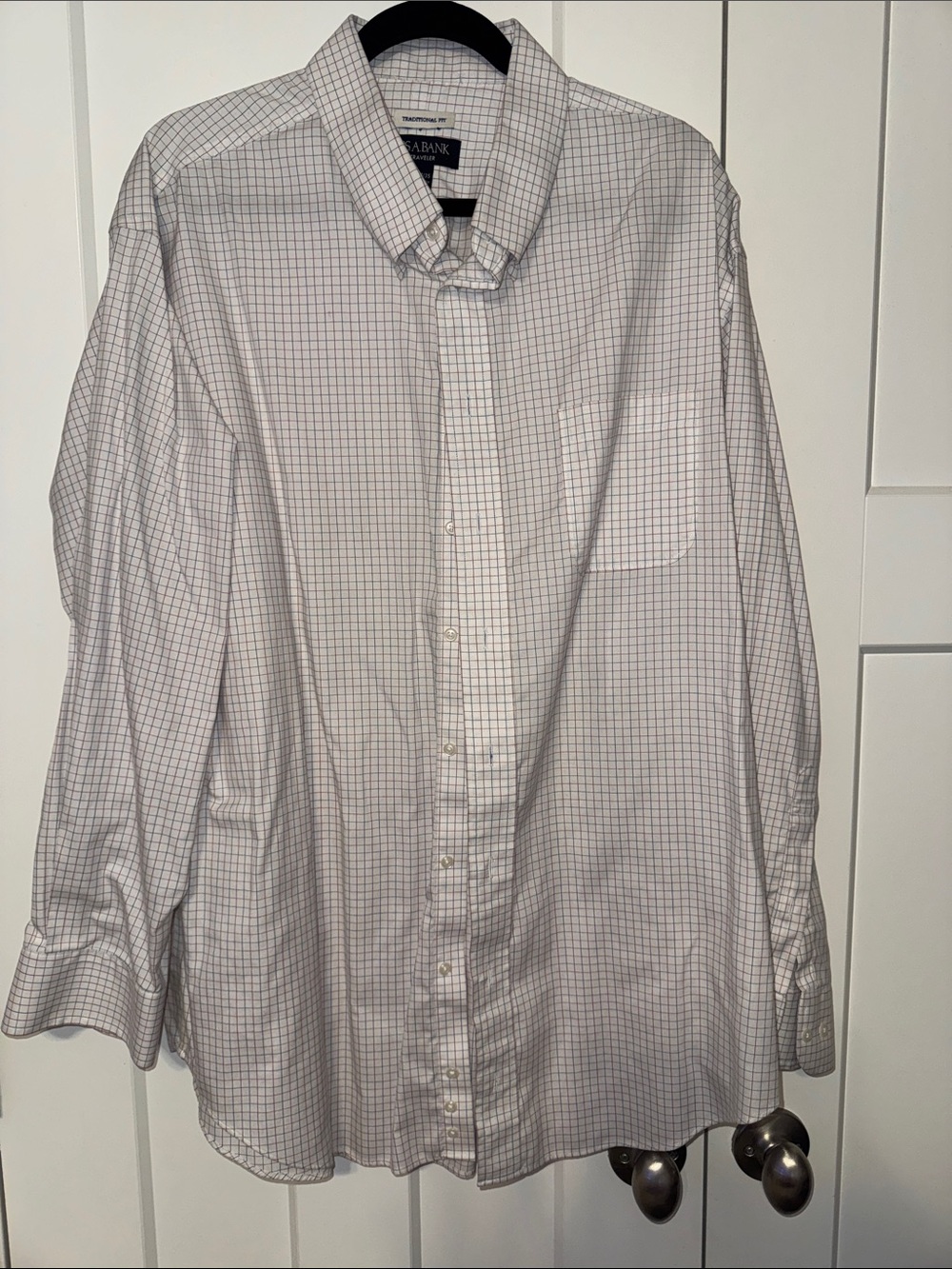 Jos. A. Bank Men's White Button-Down Shirt with Navy and Gray Windowpane Check